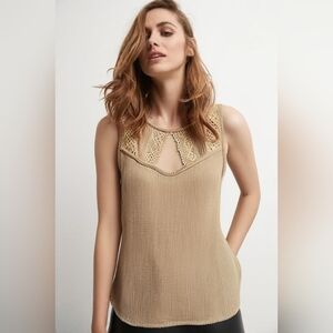 Maurices Tan Cut Out Tank Top with Lace Bib Collar